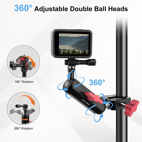 Image of Dope Camera Mount Clamp with Dual Ball Heads demonstrating 360-degree rotation on a pole with a mounted screen.