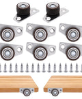 8 Piece Low Profile Mini Caster Wheels Set Side Mount Fixed Rollers Tight Slot Furniture Hack Zero Sweat Drawer Gliders Smooth Rider Heavy Duty Replacement Casters 36 Lbs Each with metal and plastic materials.