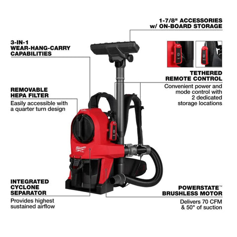 M18 FUEL 3-In-1 Backpack Vacuum For Jobsite Cleanups with Powerstate Brushless Motor, showing features and accessories.