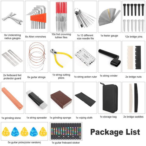 72 Piece All In One Guitar Tool Kit For Repair And Maintenance With Carry Bag showing tools and accessories in a package layout
