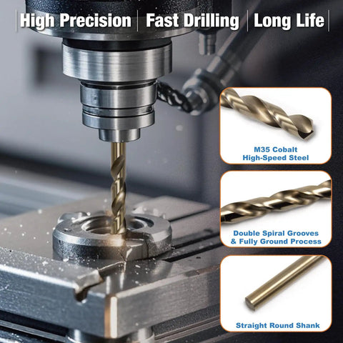 Ten-Piece Three-Eighths Inch Cobalt Drill Bit Set with M35 High Speed Steel in action on metal, showing design features