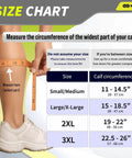 Size chart for Calf Compression Sleeves For Men And Women Footless Support For Varicose Veins Nursing Running with measurement guidance.