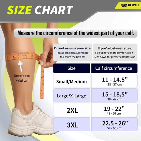 Size chart for Calf Compression Sleeves For Men And Women Footless Support For Varicose Veins Nursing Running with measurement guidance.