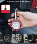 Best Selling Tire Pressure Gauge For Cars And Motorcycles With ANSI B40.1 Precision, 5 To 60 PSI, Extended 360 Degree Swivel Head, Hold And Bleed Button, Dual Guard, Battery Free, Compact Design And Easy Read Dial For Fast Accurate Checks. in hand, extended chuck on car tire valve