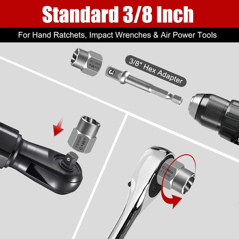 Bolt Extractor Set, 15 Piece Easy Out Bolt Kit for Rusted, Stripped and Damaged Nuts, showing 3/8 inch drive attachment.
