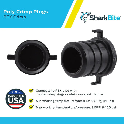 3/4 Inch Poly Crimp Plug For PEX Pipe And PE-RT, Pack Of 25, front and side view details