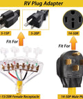 Diagram showing RV 50 Amp To 110V Adapter Cord With 4 Prong NEMA 14-50P Male Plug and Four 5-20R Outlets