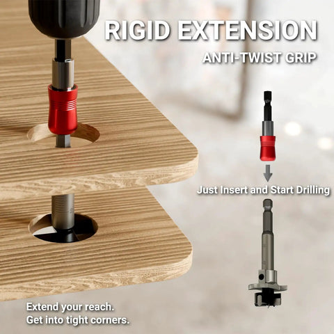 Professional Forstner Drill Bit Set Wicked Sharp Heat Treated Carbon Steel Boring Bits For Deep Precision Woodworking showing rigid extension tool.