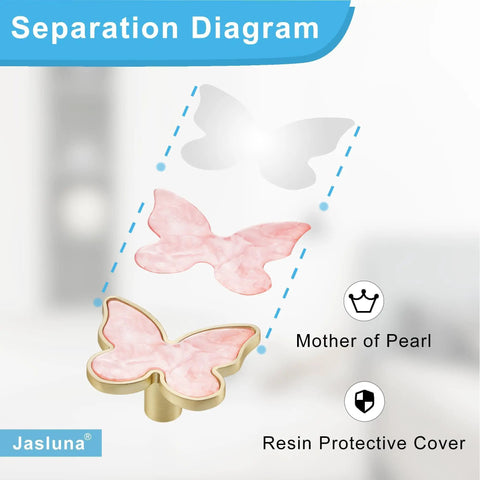 Separation diagram of Six Pack Pink Butterfly Dresser Knobs For Bedroom Updates Sturdy Zinc Alloy showing details and materials.