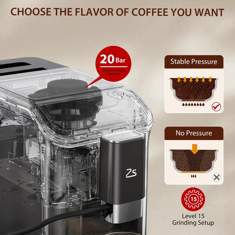 Straight Up Fully Automatic Espresso Machine With 20 Bar Pressure pump pressure system and level 15 grinding setup.