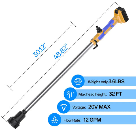 Cordless Stick Water Transfer Pump On The Go With 720GPH Output 32 Foot Head Three Quarter Inch Outlet Battery Powered