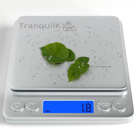 Compact Digital Kitchen Scale With Pro Grade Multi Unit Conversion Grams Ounces Pennyweights Troy Ounces Grains And Carat 0.1g to 3kg Precision, silver scale with leaves and LCD display.