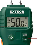 Pin And Pinless Moisture Meter For Wood And Building Materials displaying 50% with audible alert icon and toggle display lock