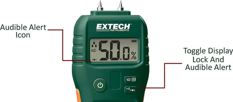 Close-up of a Pinless Moisture Meter For Wood And Building Materials For DIYers With Visual Moisture Icons And Audible Alerts display