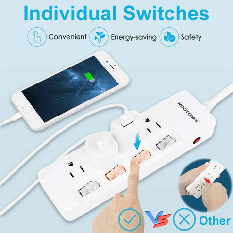 Beefy 6 Foot Heavy Duty Extension Cord With Four Independent Switches For High Wattage Appliances 14 Gauge Surge Protector