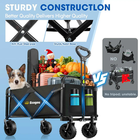 Foldable Collapsible Wagon Cart With All Terrain Wheels, Heavy Duty Utility Wagon holds 420 lbs, filled with groceries and dog