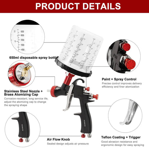 Premium Lvlp Air Spray Gun With 650 Ml Cup features a 650ml disposable spray bottle and stainless steel nozzle for precise spraying.
