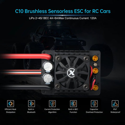 Front view of C10 Sensorless Brushless ESC for RC Car with 120A continuous current and built-in Bluetooth, cables visible