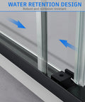 Close-up of Frameless Double Sliding Shower Door With Adjustable 56 To 60 Inch Width And 76 Inch Height, 8mm Clear Tempered Safety Glass, Matte Black Stainless Steel Hardware, Reversible Left Or Right Door, Modern Bathroom Upgrade, highlighting water retention design.
