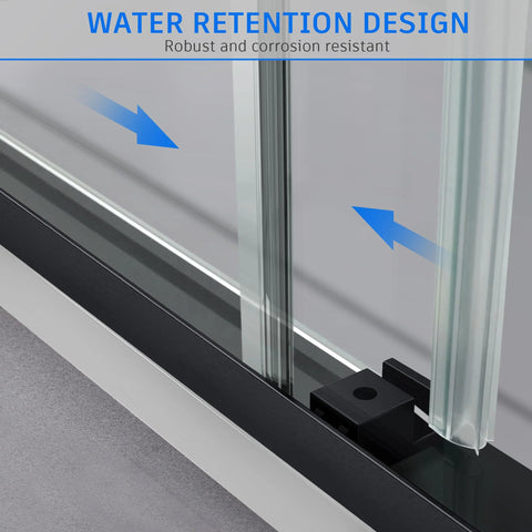 Close-up of Frameless Double Sliding Shower Door With Adjustable 56 To 60 Inch Width And 76 Inch Height, 8mm Clear Tempered Safety Glass, Matte Black Stainless Steel Hardware, Reversible Left Or Right Door, Modern Bathroom Upgrade, highlighting water retention design.