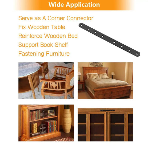 Heavy Duty Black Mending Plates 10 Inch Straight Steel Braces For Rock Solid Wood Repair Fence Reinforcement And Deck Shelves used for furniture support.