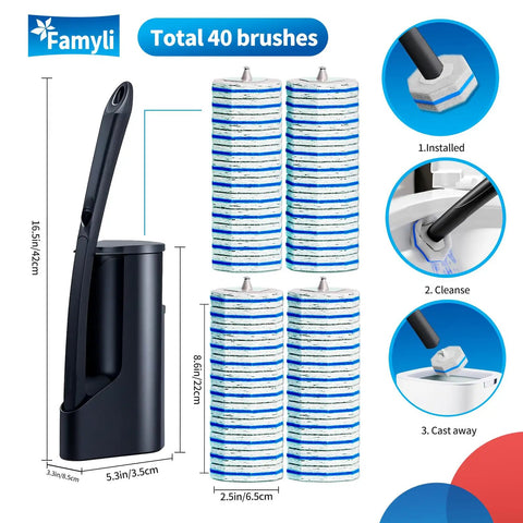 Disposable Toilet Brush With Holder And Extended Magic Wand Handle, 40 Replacement Sponge Heads, No Fuss Quick Clean Toilet Bowl Kit