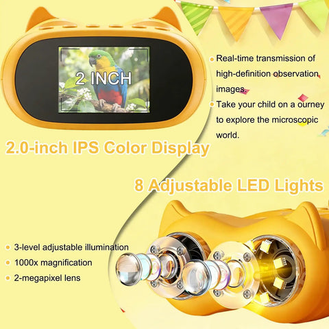 2 In 1 Pocket Microscope And Binoculars For Kids 1000X Digital Microscope With 2 Inch IPS Screen USB Rechargeable STEM Toy That Makes Science Fun Educational Gift For Boys And Girls Ages 4 To 12, yellow cat-shaped display and lens view