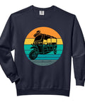 Chill Vibes Relaxed Fit Adult Sweatshirt Featuring A Dope Tuk Tuk Rickshaw And Classic Italian Scooter Graphic in navy.