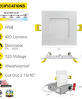 Specifications for Six Pack Three Inch Square Ultra Thin LED Recessed Lights With Five Color Temperature Selectable 2700K 3000K 3500K 4000K 5000K 550 Lumens Dimmable IC Rated Easy Install White Slim Panel Canless Wafer Lights Metal J Box