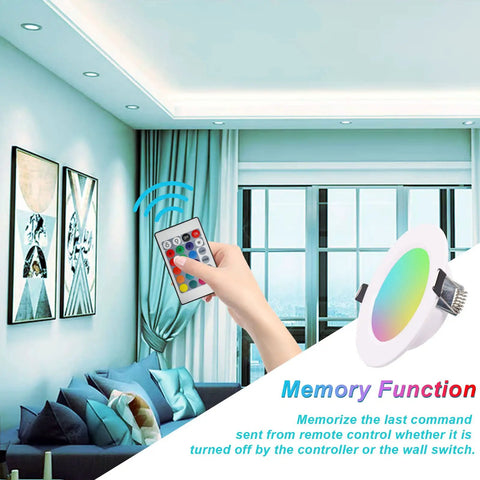 LED Recessed Ceiling Light 3In 4In 5W RGB Dimmable Downlight With remote in living room scene, memory function highlighted.