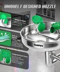 Emergency Shower And Eyewash Station Kit in 304 Stainless Steel featuring widened deep basin with uniquely designed nozzle in factory setting.