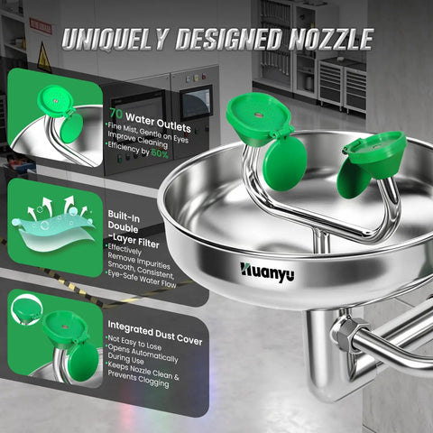 Emergency Shower And Eyewash Station Kit in 304 Stainless Steel featuring widened deep basin with uniquely designed nozzle in factory setting.