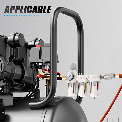 Top Rated 3 8 NPT Three Stage Air Dryer And Regulator Kit With Coalescing And Particulate Filters Manual Drain For Pneumatic Tools, showing pressure regulator and filters.