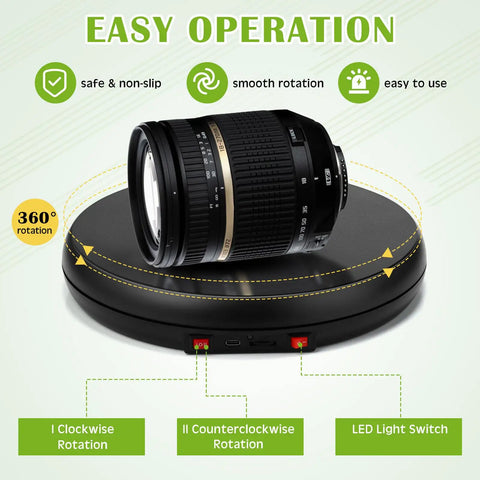 360 Degree Motorized Rotating Display Stand Turntable With Built-In LED Lighting For Jewelry And Photography Products Electric Base USB Powered Smooth Rotation Showpiece Spinner 10 Inch Capacity with camera lens example on turntable.