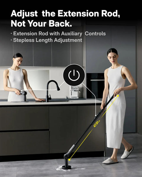 Woman cleaning floor with Cordless Electric Spin Scrubber With Extendable Handle And Adjustable Angle Smart Display IPX7 Waterproof.