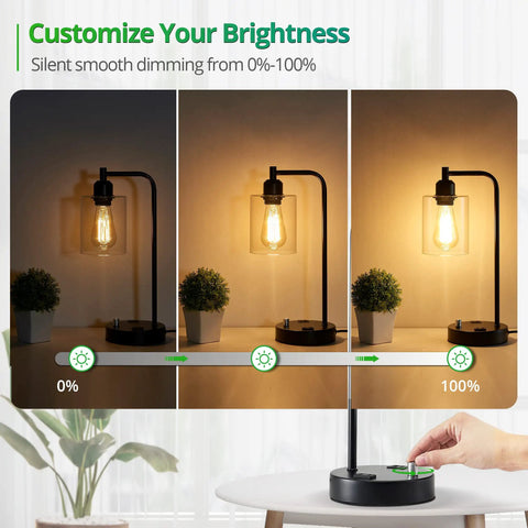 Industrial Table Lamps Set Of 2 With USB Ports And AC Outlet Fully Dimmable Bedside Lamps With Glass Shade Dimming Display