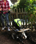 Person using 80V Cordless Cultivator With 10 Inch Tilling Width And 5 Inch Tilling Depth Includes 2Ah Battery And Charger