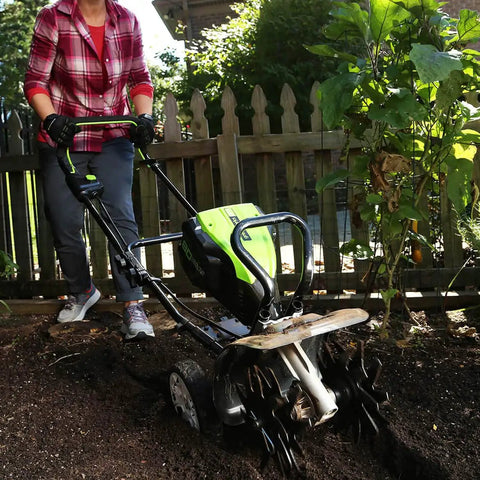 Person using 80V Cordless Cultivator With 10 Inch Tilling Width And 5 Inch Tilling Depth Includes 2Ah Battery And Charger