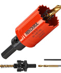 38mm One And A Half Inch Beefy Bi Metal Hole Saw With Eight Percent Cobalt HSS M42 Teeth, arbor, pilot bit, and hex key visible