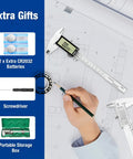 Ultra Precise 6 Inch Digital Caliper With Large LCD Display shown with extra batteries, screwdriver, and storage box