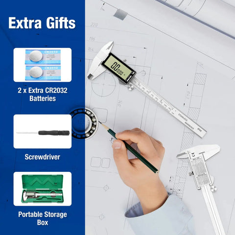 8 Inch Digital Caliper With Large LCD Screen And Inch, Millimeter, And Fraction Conversion, all stainless steel set, includes batteries, screwdriver, and box.