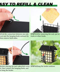 Steps to refill the All Metal Double Suet Bird Feeder For Outdoors Hanging With Weather Resistant Roof And Perch shown in four images.