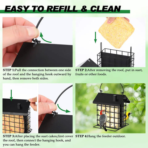 Steps to refill the All Metal Double Suet Bird Feeder For Outdoors Hanging With Weather Resistant Roof And Perch shown in four images.