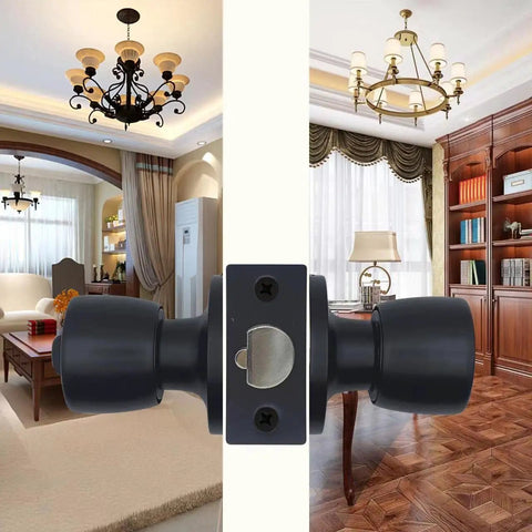 Black Matte Round Ball Door Knob With Lock And Keyed Entry For Interior Or Exterior Doors ANSI Grade 3 installed on door between rooms