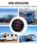 MAIMEIMI 3-in-1 automotive gauge, 52mm, oil pressure, water temp, volt; front view collage shows car, truck, RV, boat