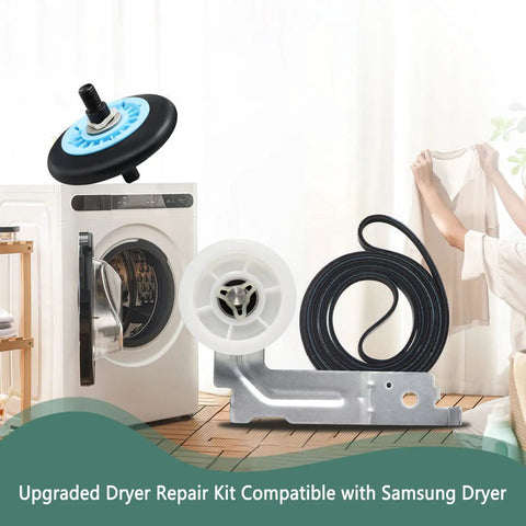 Premium Dryer Repair Kit With Roller Replacement, Idler Pulley, and 92 Inch Belt For Most Household Dryers next to washing machine