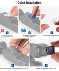 Installation steps for Variable ND Filters 2 To 32 And 64 To 512 Set For DJI Osmo Pocket 3/4 with screen protector.