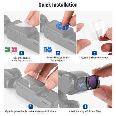 Installation steps for Variable ND Filters 2 To 32 And 64 To 512 Set For DJI Osmo Pocket 3/4 with screen protector.