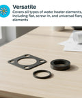 Front view of Eastman 60050 universal water heater element gasket kit: black rubber square gasket with central hole and two O-rings.