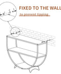Built Different Industrial Half Circle Console Table For Entryway secured to wall with brackets to prevent tipping, featuring a steel frame and wood.